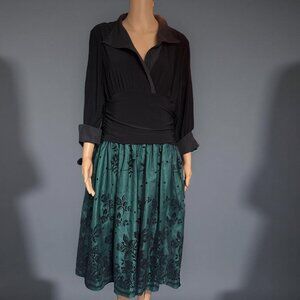 Dressbarn Black Green Mesh Overlay Dress Black Midi Retro Party Dress Sz 16 NWT